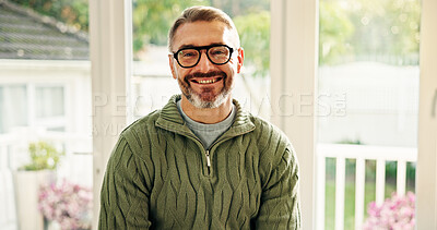 Buy stock photo Portrait, mature and happy man in house for relax, peace and calm on weekend break with good mood. Glasses, smile and person chill in home for staycation, wellness and confidence in Australia