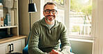 Portrait, smile and mature man in living room for relax, peace or calm on weekend break in apartment. Glasses, happy person and chill in home for staycation, wellness and confidence in Australia