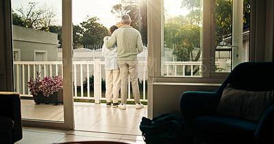 Buy stock photo Home, back and father hug child at patio for trust, care and safety together with single parent. Dad, boy and embrace kid at house for connection, family bonding and love with son for security