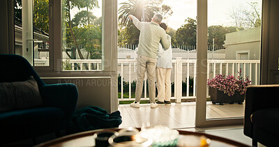 Buy stock photo Back, balcony and man with child for bonding, pointing and sightseeing together with flare. Holiday, mature dad and son at hotel for vacation, relationship development and security on patio with view