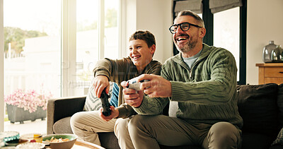 Buy stock photo Playing, video games and dad with child, home or happy with subscription on website, fun and online. Bonding, father and son with console for digital competition, man and smile with boy in house