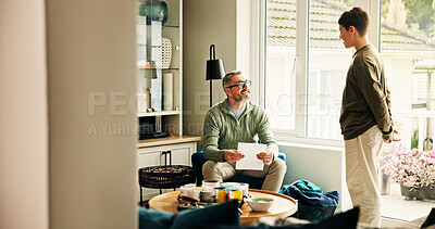 Buy stock photo Father, child and happy with report in home for test results, good grades or scholarship opportunity. Family, student and mature man with document on sofa for academic progress, excellence and pride