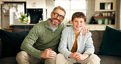 Buy stock photo Portrait, man and bonding with child, home and affection on break in living room, happy and embrace. Family, dad and hug for son in lounge, smile and single parent with boy on weekend, love or care
