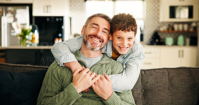 Buy stock photo Portrait, man and hug with child, home or affection on weekend in living room, happiness or bonding. Family, dad and embrace with son in lounge, smile and single parent with boy break, love and care