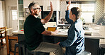 Father, kid and high five in home for elearning success, smile and well done with family in kitchen. Dad, child and hands together in homeschool for achievement, education or celebration with tablet