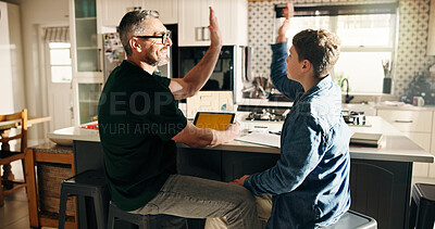 Buy stock photo Father, kid and high five in home for elearning success, smile and well done with family in kitchen. Dad, child and hands together in homeschool for achievement, education or celebration with tablet