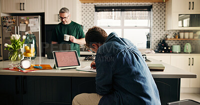 Buy stock photo Boy writing, learning and tablet screen in kitchen with remote work dad for development or startup. Education, small business or study with father and son in apartment for assignment or project