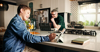 Buy stock photo Education, student and tablet of boy in kitchen with remote work dad for development or startup. Learning, small business or study with father and son in apartment for project or school assignment