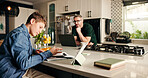 Calculator, education and student boy in kitchen with remote work dad for development or startup. Learning, maths and small business with father and son in apartment for project or study assignment