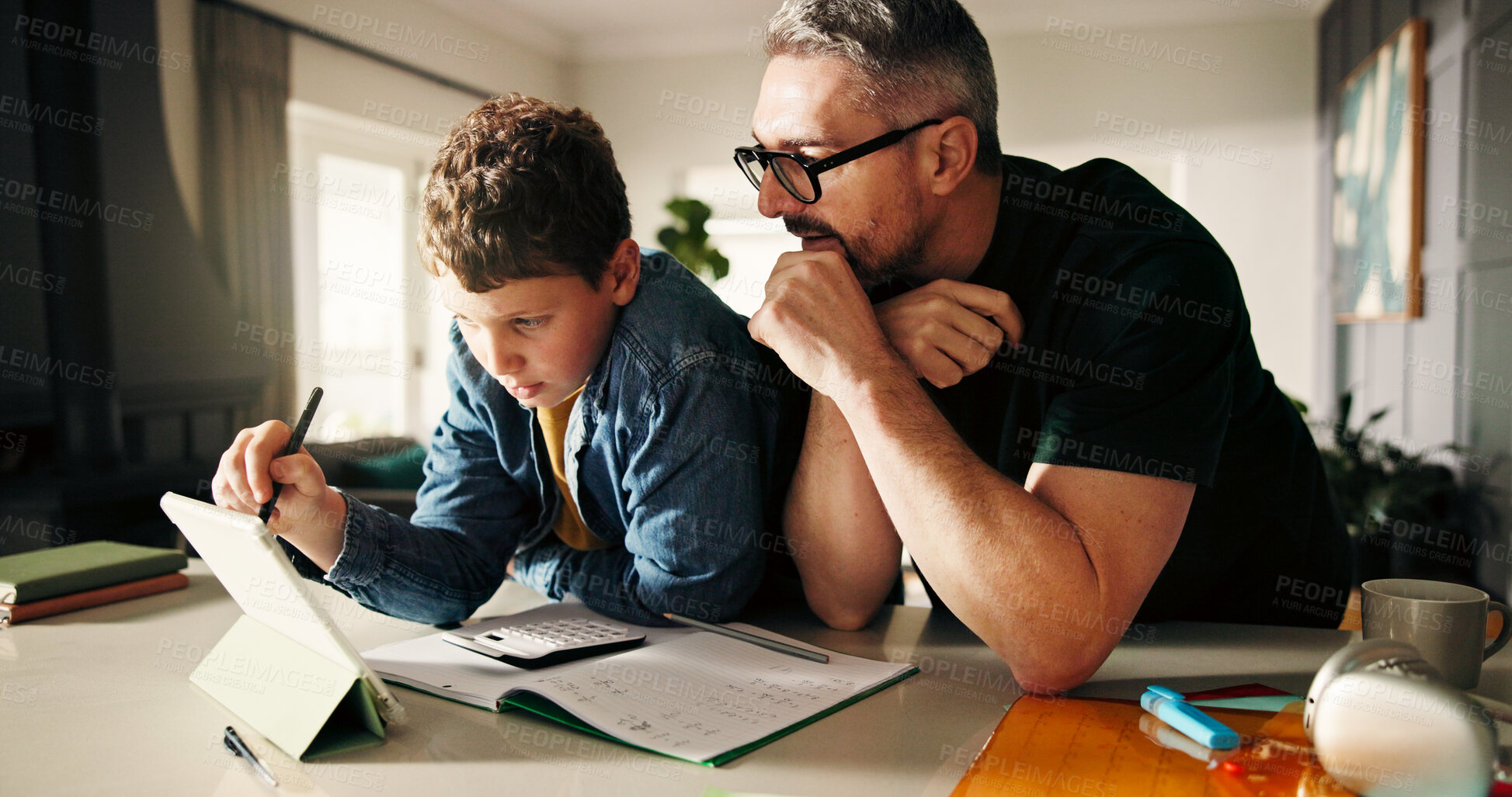 Buy stock photo Tablet, homework and math with father and son in kitchen for learning app, education or teaching. Growth, online school schedule and support with man and kid in family home for reading and tutor