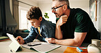 Home, dad and child with tablet, studying and help for exams, growth and development with knowledge. Elearning, boy and prepare for math test with notebook, man and advice for son with tech in house