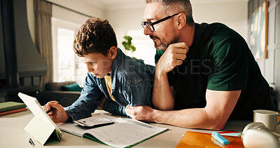 Buy stock photo Home, dad and child with tablet, studying and help for exams, growth and development with knowledge. Elearning, boy and prepare for math test with notebook, man and advice for son with tech in house