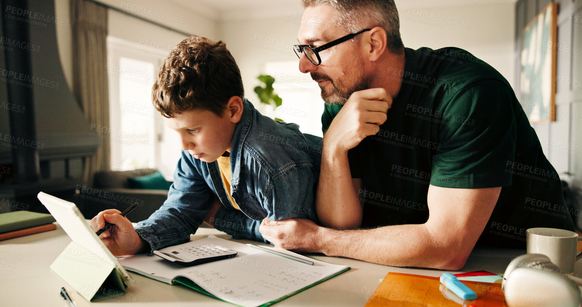 Buy stock photo Home, dad and child with tablet, studying and help for exams, growth and development with knowledge. Elearning, boy and prepare for math test with notebook, man and advice for son with tech in house