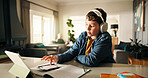 Homework, tablet and boy with headphones, calculator and elearning with book, studying and maths. Apartment, technology and knowledge with online course, notes and education with audio for test