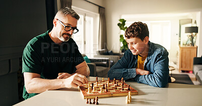 Buy stock photo Playing, bonding and father with child for chess in home for learning, development or competition. Teaching, smile and dad with boy kid for board game with checkmate for problem solving skills.