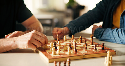Buy stock photo Playing, hands and father with child for chess in home for learning, development or bonding. Teaching, competition and dad with boy kid for board game with checkmate for problem solving skills.