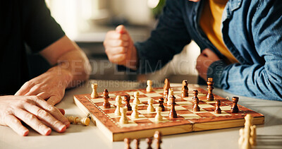 Buy stock photo Playing, hands and dad with child for chess in home for learning, development or competition. Teaching, winning and father with boy kid for board game with checkmate for problem solving skills.