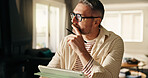 Remote work, thinking and man with tablet, pen and planning for creative project. Artist, entrepreneur and mature person with tech, decision and freelancer with ideas, home and app for online design