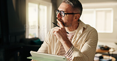 Buy stock photo Remote work, thinking and man with tablet, pen and planning for creative project. Artist, entrepreneur and mature person with tech, decision and freelancer with ideas, home and app for online design