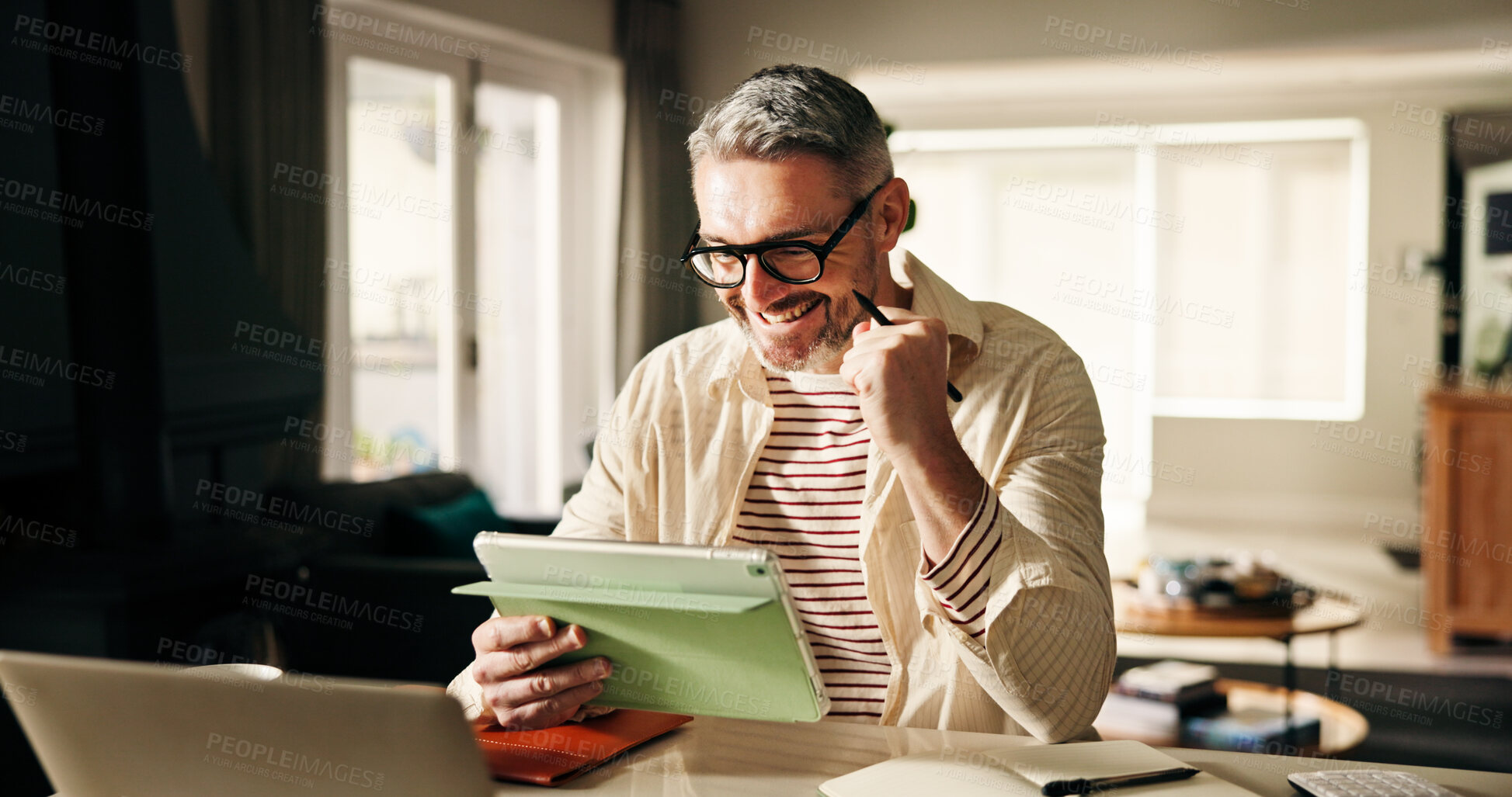 Buy stock photo Excited, freelancer and man with tablet, home or win for financial analyst, notification or success. Happy, mature person and alert for bonus on website, account manager and remote work with tech
