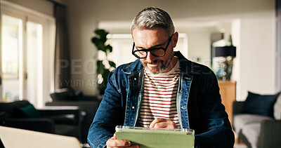 Buy stock photo Business, man or tablet with research in home office for article review, remote work or proofreading. Freelance writer, mature person and tech for chapter revision, editing submission and news story