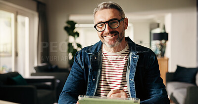 Buy stock photo Portrait, freelancer and man with tablet, house and graphic designer with project, happy and online. Remote work, creative and mature person with tech for digital design, employee and smile in home