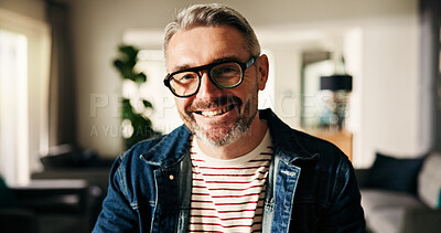 Buy stock photo Portrait, smile and mature man in home for relax, peace and calm on weekend break in apartment. Glasses, happy person and chill in living room for staycation, wellness and confidence in Australia