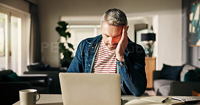 Buy stock photo Headache, remote work and man on laptop with stress for deadline, burnout and fatigue in home. Freelance, professional and person with strain, pressure and overworked for online project on computer