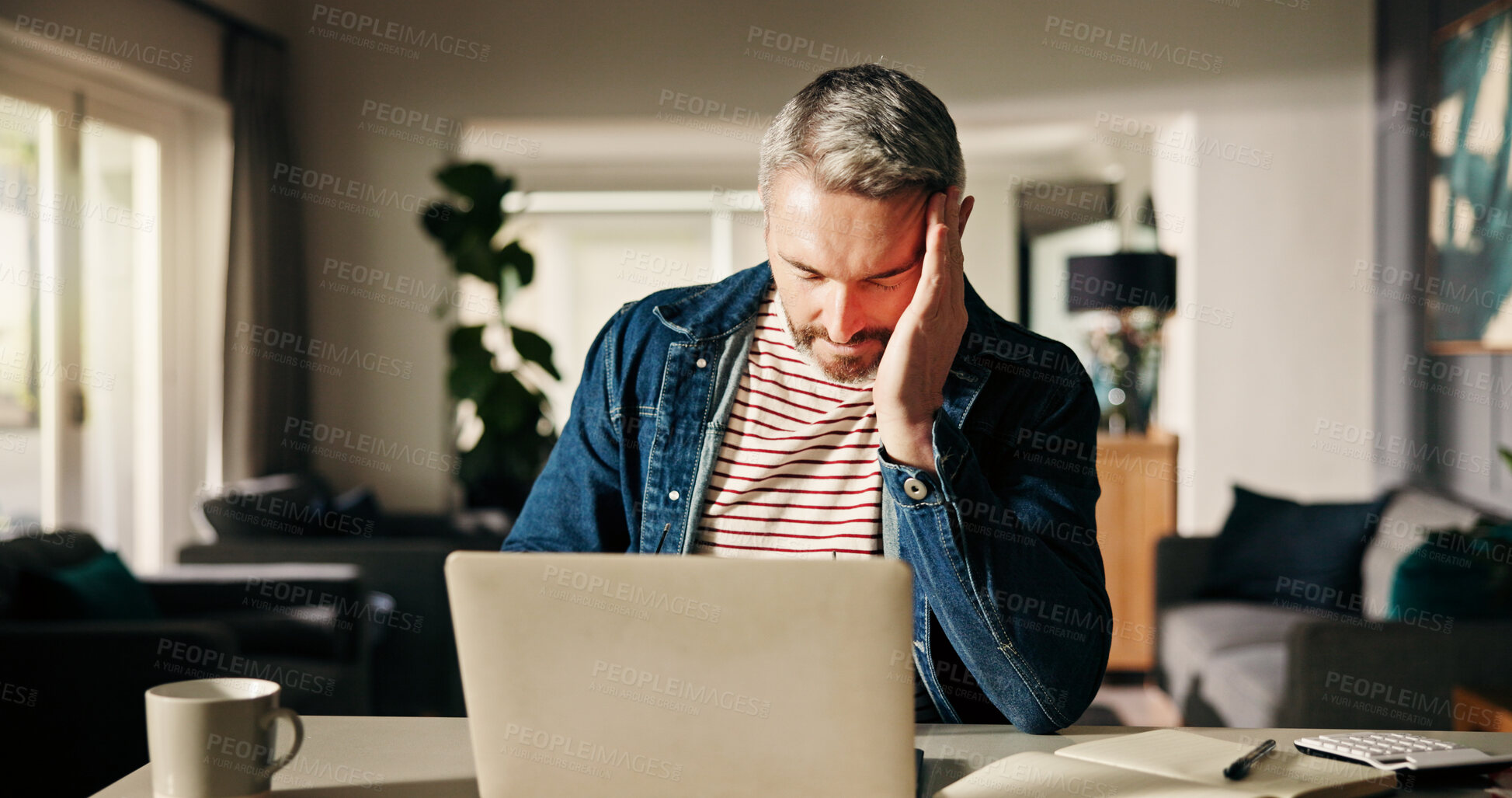 Buy stock photo Headache, remote work and man on laptop with stress for deadline, burnout and fatigue in home. Freelance, professional and person with strain, pressure and overworked for online project on computer