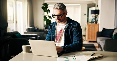 Buy stock photo Man, remote work and typing on laptop at house for accounting, finance report and budget stats. Mature person, pc or graph document for financial growth, profit increase and information on investment