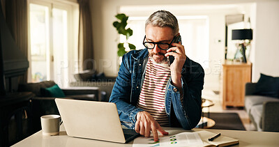 Buy stock photo Broker, phone call and man in home with laptop, statistics or investment in accounting for feedback. Research, planning or person with financial notes, graphs or charts in business for data analysis.