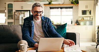 Buy stock photo Happy, freelancer and man with laptop, home and financial analyst with positive feedback on website. Remote work, account manager or mature person with tech for data analysis and info on documents