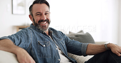 Buy stock photo Portrait, man and relax with smile at house for peace, start day and comfortable of weekend break. Happy, mature male person and chilling on couch for free time, cozy homeowner and unwind of wellness