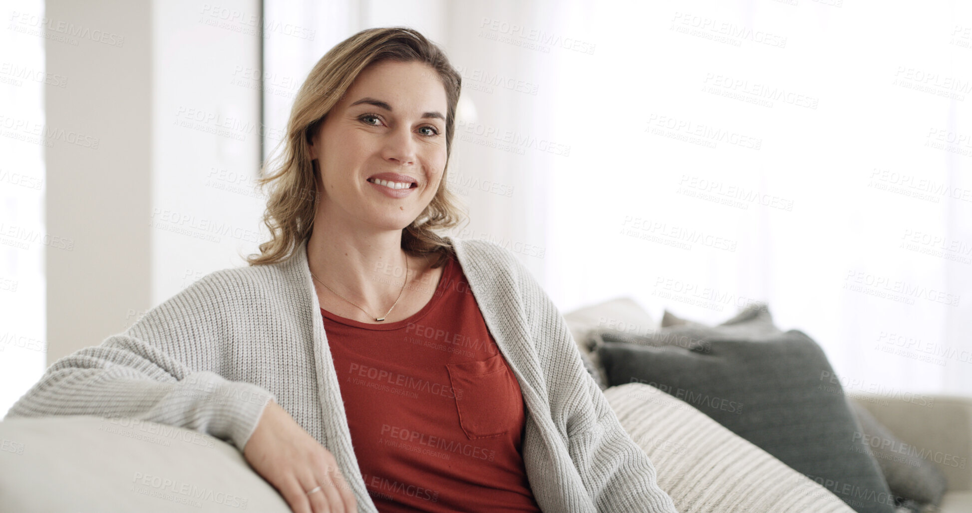 Buy stock photo Portrait, woman and rest with smile at house for peace, start day and comfortable of weekend break. Happy, female person and chilling on couch for free time, cozy morning and unwind for wellness