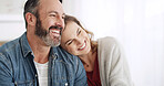 Smile, hug and mature couple in home with love, marriage and care together for bonding. Happy, connection and woman embracing man for support, relationship or romance in living room at house.