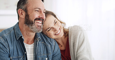 Buy stock photo Smile, hug and mature couple in home with love, marriage and care together for bonding. Happy, connection and woman embracing man for support, relationship or romance in living room at house.