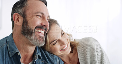 Buy stock photo Love, hug and mature couple in home with happiness, marriage and care together for bonding. Smile, connection and woman embracing man for support, relationship or romance in living room at house.