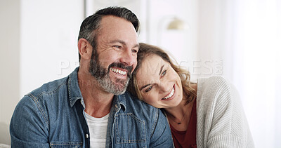 Buy stock photo Happy, hug and mature couple in home with love, marriage and care together for bonding. Smile, connection and woman embracing man for support, relationship or romance in living room at house.