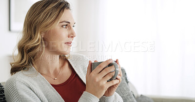 Buy stock photo Break, coffee and thinking with woman on sofa in living room of home for reflection or planning. Drinking, me time and relax with happy mature person in apartment for daydreaming, vision or wellness