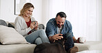 Home, dog and couple on sofa, love and bonding together with coffee, relax and relationship. Apartment, pet owner and man with woman, canine and comfort with domestic animal, best friend and smile