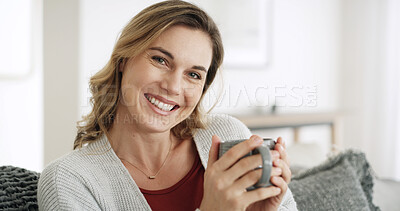 Buy stock photo Portrait, home and woman with coffee, smile and relax on sofa, happiness and comfort in living room. Apartment, morning and person on couch, cappuccino and mug with herbal tea, cozy and me time