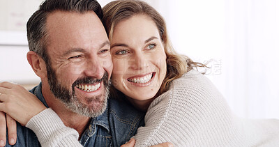 Buy stock photo Smile, hug and portrait of mature couple in home with love, bonding or connection in marriage. Happy, relationship and woman embracing man with support, safety and sweet moment together in apartment.