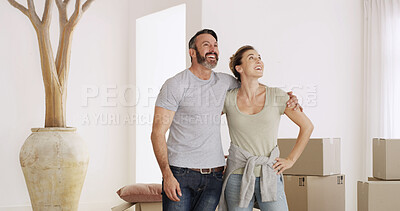 Buy stock photo New home, smile and couple hug for property investment, moving and mortgage loan. Mature man, woman and embrace for real estate with relocation, love and bonding together with partner in dream house