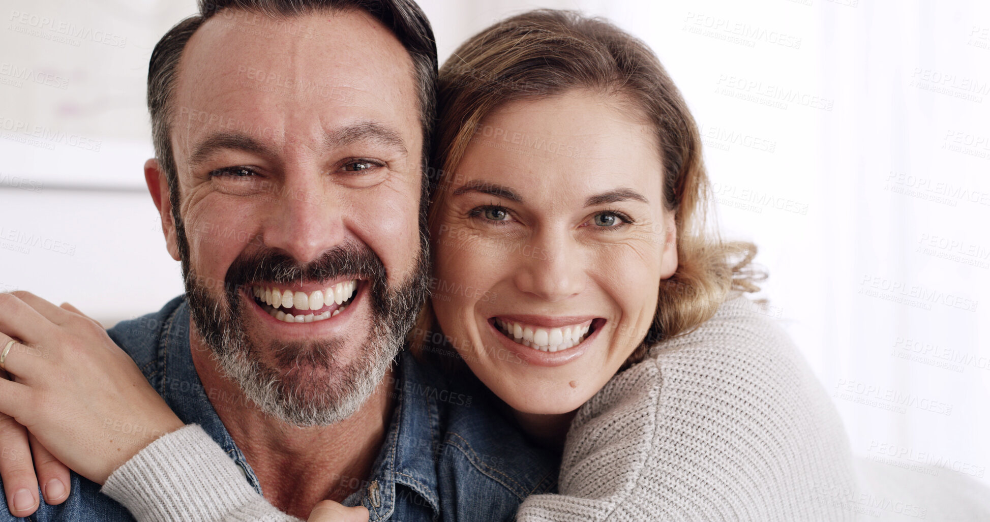 Buy stock photo Love, hug and portrait of mature couple in home with happiness, bonding or connection in marriage. Smile, relationship and woman embracing man with support, safety and sweet moment together in house.