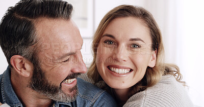 Buy stock photo Selfie, home and couple with love, smile and bonding together with romance, relationship and care. Apartment, happiness and man with woman, marriage and trust with profile picture, portrait or memory