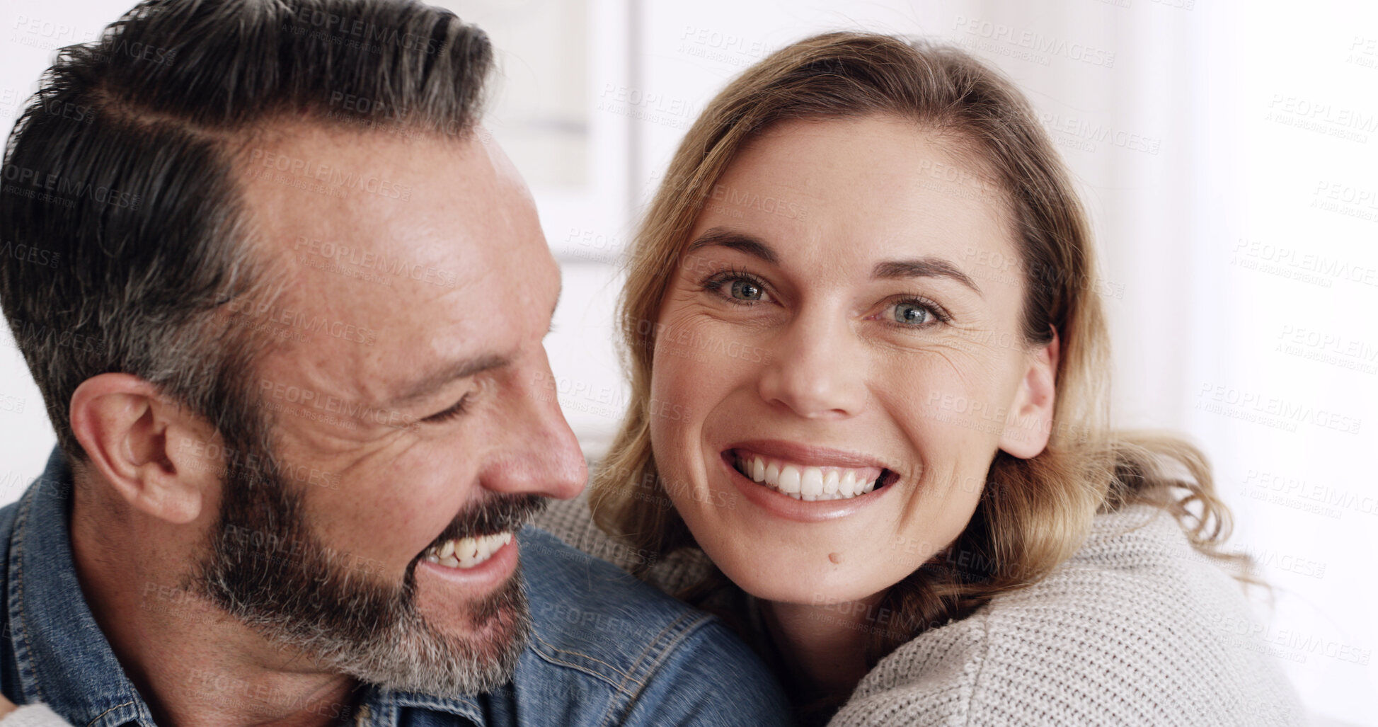 Buy stock photo Selfie, home and couple with love, smile and bonding together with romance, relationship and care. Apartment, happiness and man with woman, marriage and trust with profile picture, portrait or memory