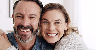 Buy stock photo Happy, hug and portrait of mature couple in home with love, bonding or connection in marriage. Smile, relationship and woman embracing man with support, safety and sweet moment together in apartment.