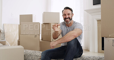 Buy stock photo Happy man, portrait and keys with boxes in new home for property investment or mortgage loan. Excited, male person or homeowner with smile, access or packages for house purchase, sale or buy asset