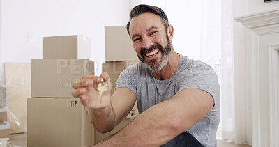 Buy stock photo Happy man, boxes and portrait with keys in property for investment, purchase or new home. Excited, male person or homeowner with smile, access or packages for fresh start, house or apartment sale