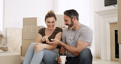 Buy stock photo Real estate, moving or people in new home with touch, happy or property investment for down payment. Smile, purchase or homeowner couple with cardboard boxes, mortgage or insurance for dream house.